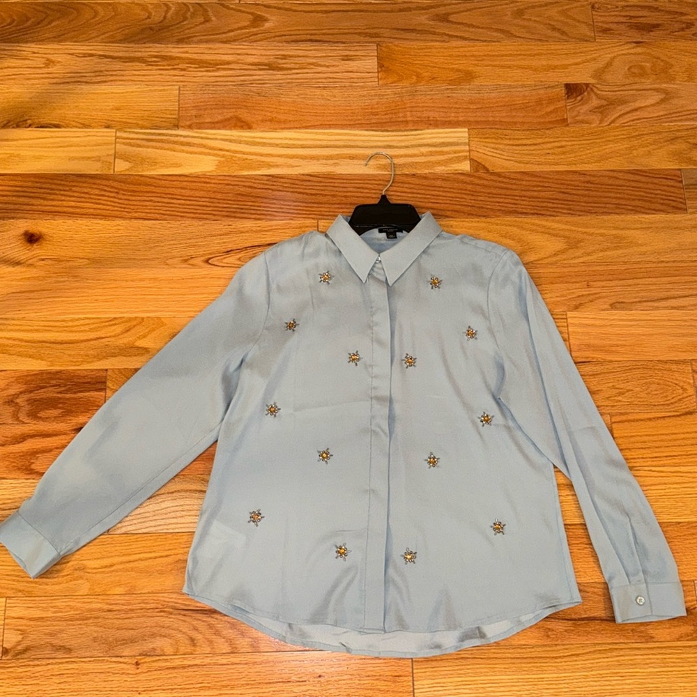 Ann Taylor petite large bedazzled blue collard blouse button up